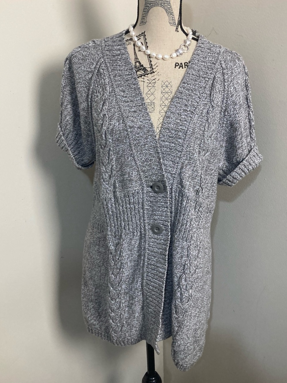 Kenneth Cole Light Gray Cable-Knit Short-Sleeve Cardigan